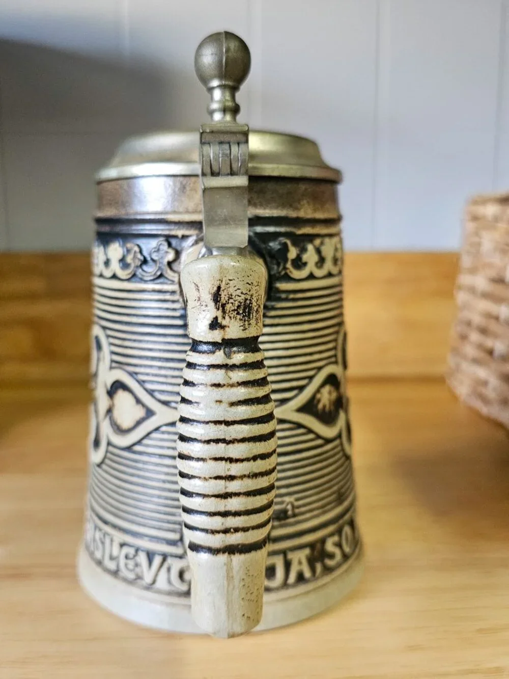 Vtg Gerz German Salt Glaze Stoneware Lidded Beer Stein Knighthood Pewter Lid